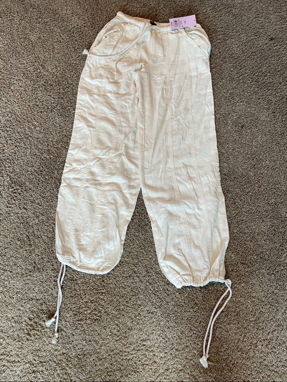 Cream Elastic Drawstring Hem Joggers for Kids